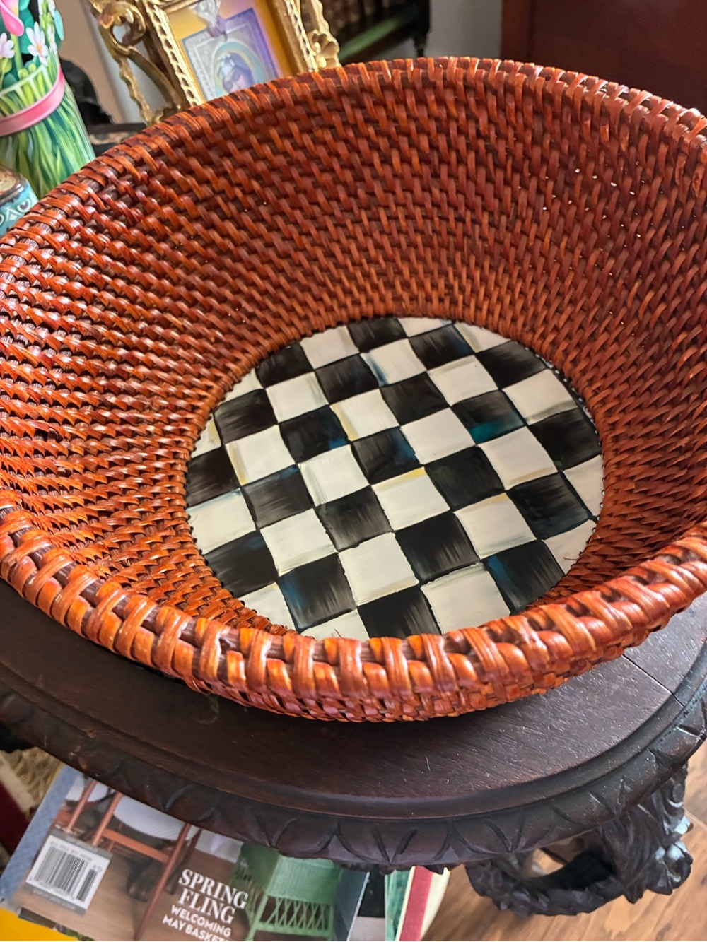 McKenzie Childs Courtly Check Wicker Bowl with Black & White Enamel Base - Picture 2 of 6